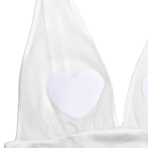Detail of white mesh fabric featuring a distinctive heart-shaped padded insert on the chest