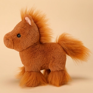 Cute brown horse plush toy with soft orange mane and tail shown in a side profile view
