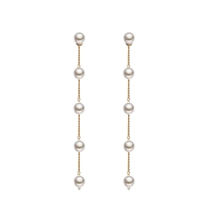 Elegant long tassel drop earrings with five white faux pearls on a fine gold chain