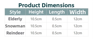 Detailed dimension chart showing Santa, Snowman, and Reindeer wooden pendant sizes