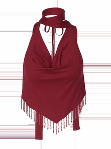 Detail of burgundy satin halter top featuring elegant beaded fringe and open back design