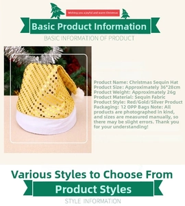 Golden sequined Christmas hat with white plush trim and 36x28cm size details