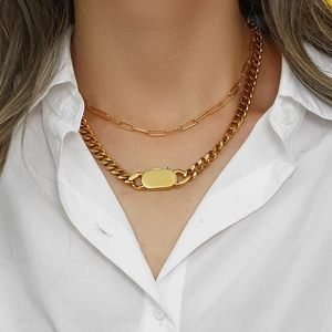 Chunky gold double-layer chain necklace featuring oval buckle and paperclip design