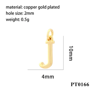 Detail showing 10mm gold plated copper letter J pendant with 2mm hole size and dimensions