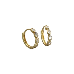 Gold s925 silver hoop earrings with marquise-cut zircon stones on a white background