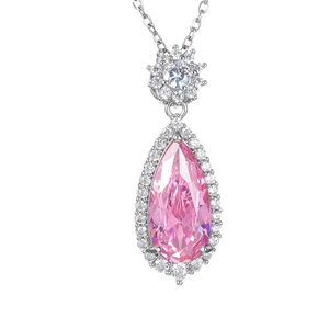 Elegant pear-cut pink zircon waterdrop pendant necklace with silver chain on white background