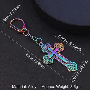 Rainbow-plated alloy cross keychain with textured surface and 9.9cm length