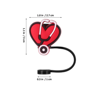 Detailed view of red heart stethoscope silicone straw cover topper with size dimensions