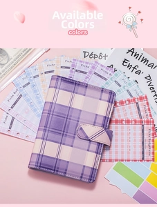 Detail of A6 binder with purple plaid PU leather cover and budget management sheets