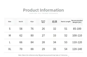 Detailed size chart for high-waisted yoga shorts including waist and hip measurements