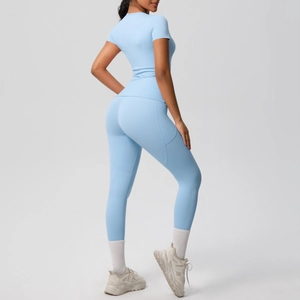 Slim fit light blue yoga set with short sleeve top and high waist leggings for women