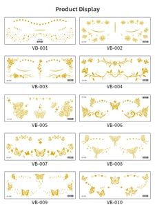 Detailed sheet showing 10 gold foil freckle facial tattoo designs with butterflies and roses