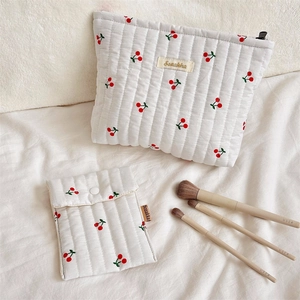 Quilted cherry print toiletry bags set with large pouch and envelope makeup bag