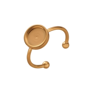 Close-up of gold-plated adjustable C-shape ring base with round bezel for jewelry DIY