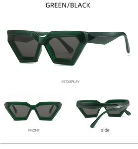 Detailed views of irregular green sunglasses with geometric frames and dark lenses