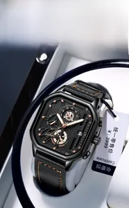 Detail of Poedagar quartz watch with black leather strap and orange stitching in gift box