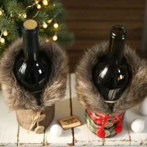Christmas wine bottle covers with faux fur collar and plaid patterns for festive holiday decor