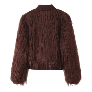 Women's shaggy dark brown faux fur jacket with ribbed knit trims shown from the back view