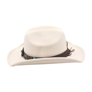 Detail of cream felt cowboy hat with brown leather band and turquoise bead accents