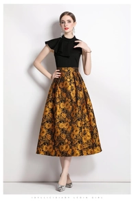 Detail of high-neck ruffled collar and jacquard fabric texture on a sleeveless dress