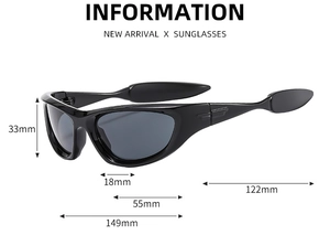 Detaillierte Maßtabelle für schwarze Sportsonnenbrillen mit Angaben zu Glas und Rahmen