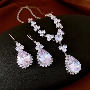 Detailed view of luxury silver water-drop necklace and earring set with crystals