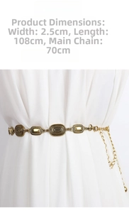 Détail de la chaîne de taille dorée vintage de 2,5 cm avec mesures de taille