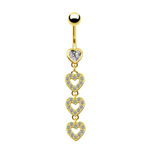 Detail view of a gold-plated belly ring featuring a heart pendant with sparkling crystals