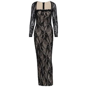 Detailed view of square neck black lace maxi dress with beige lining and slim fit waist