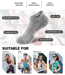 Grey athletic socks detail showing mesh breathability and multi-sport usage scenes