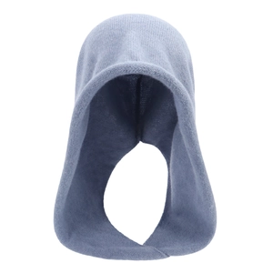 Detailed close-up of blue-grey chunky knit balaclava hood with warm wool texture