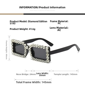 Detailed size specifications and 45-degree view of square rhinestone sunglasses