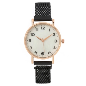 Women's rose gold quartz watch with white dial and black magnetic Milanese mesh strap