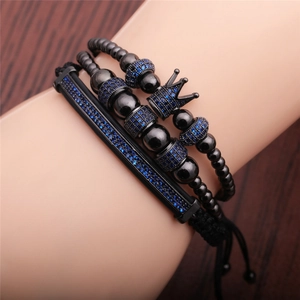 Men's black beaded bracelet set with blue zircon crown and woven adjustable strands