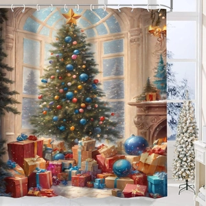 Detail of Christmas tree and fireplace illustration on waterproof polyester shower curtain