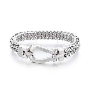 Silver stainless steel double row curb chain bracelet with U-shaped horseshoe clasp