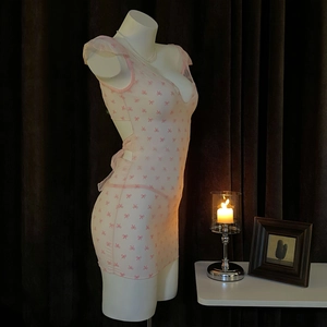 Pink sheer mesh lingerie dress with bow embroidery and deep V-neck on a mannequin