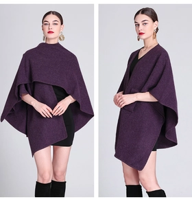 Detail view of purple knitted wool shawl poncho on a model from front and side angles