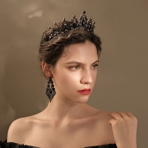 Luxury vintage black bridal crown set with sparkling rhinestones and matching earrings