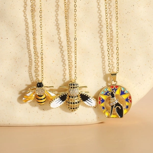 Enamel Bee Animal Pendant Necklace Copper 14K Gold Plated Zircon Trendy INS Style Jewelry For Women