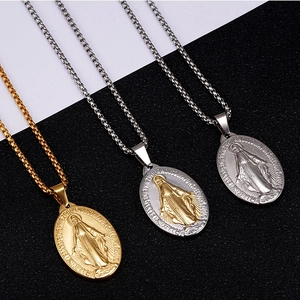 Three 18K gold and silver stainless steel necklaces with Virgin Mary oval pendants