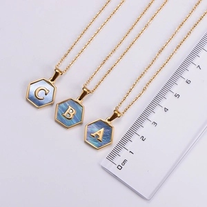 18k gold plated stainless steel hexagonal blue shell letter pendant necklace set