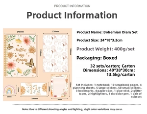 Detailed breakdown of Bohemian DIY journal set with stationery and decorative stickers