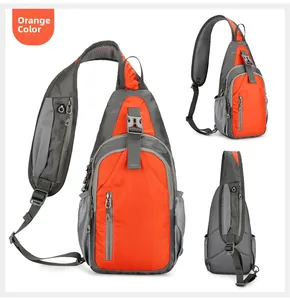 Three-angle view of an orange waterproof sling bag with multi-pocket wide shoulder strap