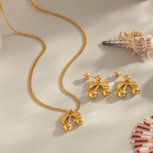 Elegant 18K gold-plated cherry pendant necklace and earring jewelry set for women