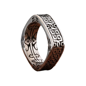 Vintage silver square ring for men featuring antique mythical beast patterns and engraving
