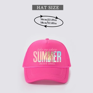 Detail of adjustable pink summer trucker hat with palm tree print and mesh back