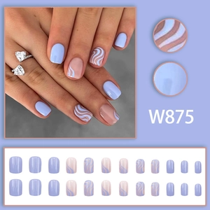 Short lavender press-on nails with wave pattern design and solid purple finish