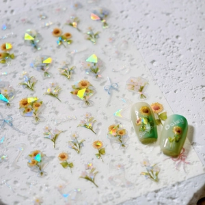 3D Relief Nail Art Stickers Sunflower Daisy Butterfly Bow Designs Holographic Laser Adhesive Decals DIY Manicure Decoration
