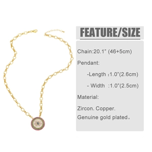 Detail of colorful zircon evil eye pendant with golden chain and dimension labels
